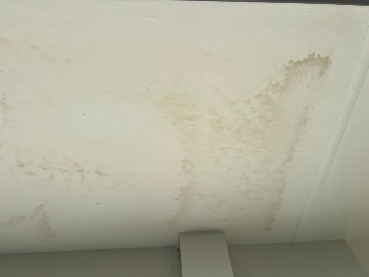 Water-stained ceiling before repair and repainting